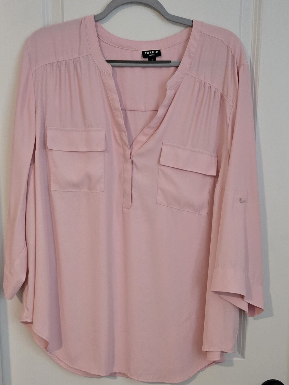 Torrid Pink Split-Neck Roll-Sleeve Blouse